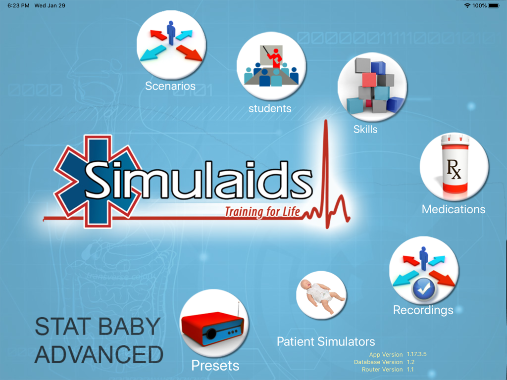 STAT BABY ADVANCED - Menu principal do aplicativo de simulação médica STAT Baby Advanced mostrando opções para cenários, alunos e habilidades