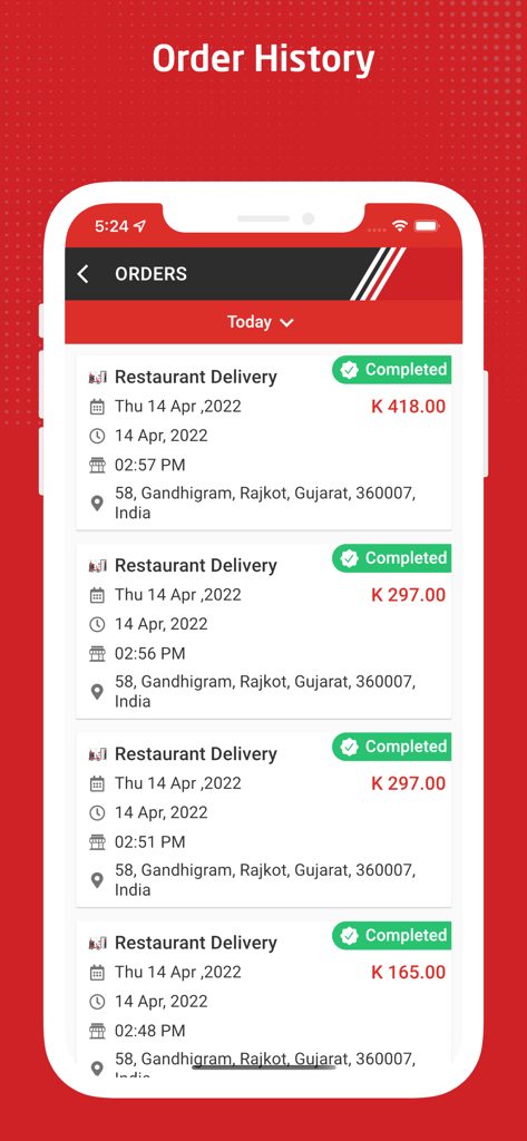 GoFood (PNG) Customer - GoFood PNGアプリの注文履歴画面。日付と価格が表示された完了したレストラン配達のリストが表示されています