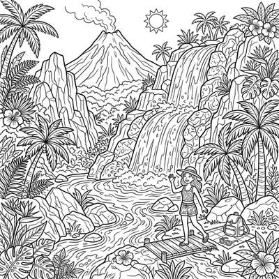 Discover the thrill of a summer getaway with this volcanic waterfall coloring page, bursting with tropical details. Add your creative touch to a scene of natural beauty and vacation fun.