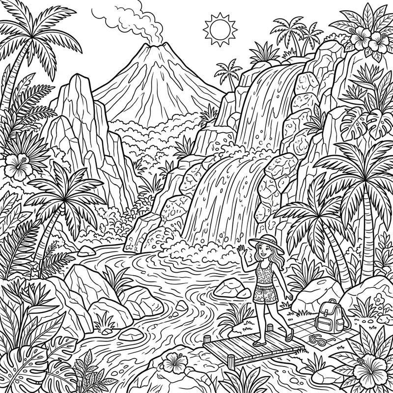 Discover the thrill of a summer getaway with this volcanic waterfall coloring page, bursting with tropical details. Add your creative touch to a scene of natural beauty and vacation fun.