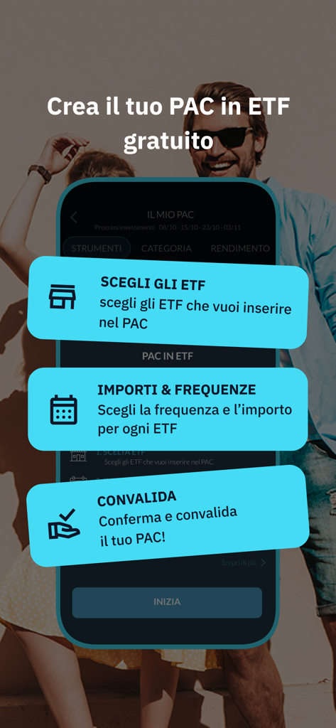 Schermata dell'app Directa che mostra i tre passaggi per creare un piano di risparmio ETF gratuito