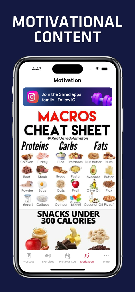 Hoja de trucos de macros nutricionales e ideas de snacks bajos en calorías en la sección de motivación de la app Rutina de Core y Abdominales para Mujeres.