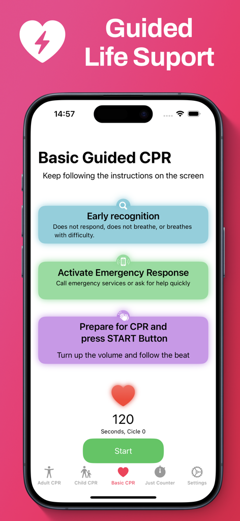 CPR Life Support:  Life Saver - Mobile app interface for Basic Guided CPR showing step by step instructions for early recognition and emergency response