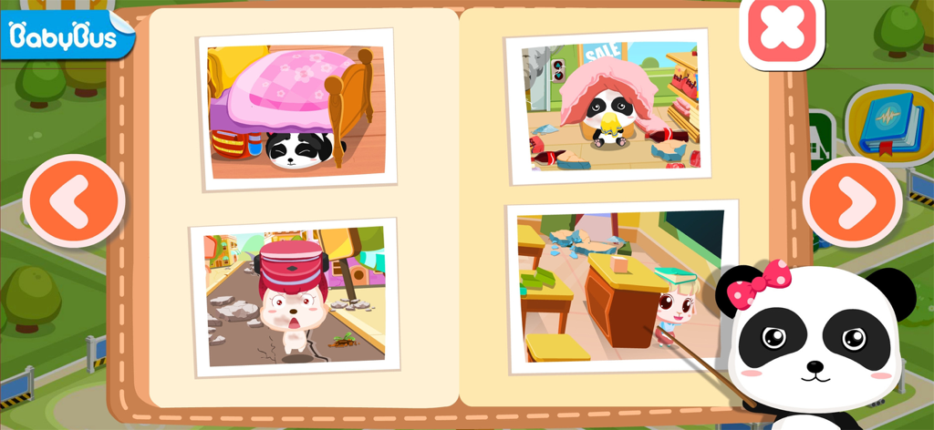 Ein interaktives Buch, das verschiedene Szenarien zur Erdbebensicherheit in der BabyBus-App zeigt