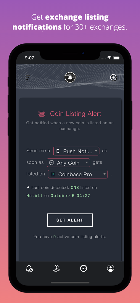 Cryptocurrency Alerting - Interfaz para configurar notificaciones en tiempo real de nuevos listados de criptomonedas en varios exchanges.
