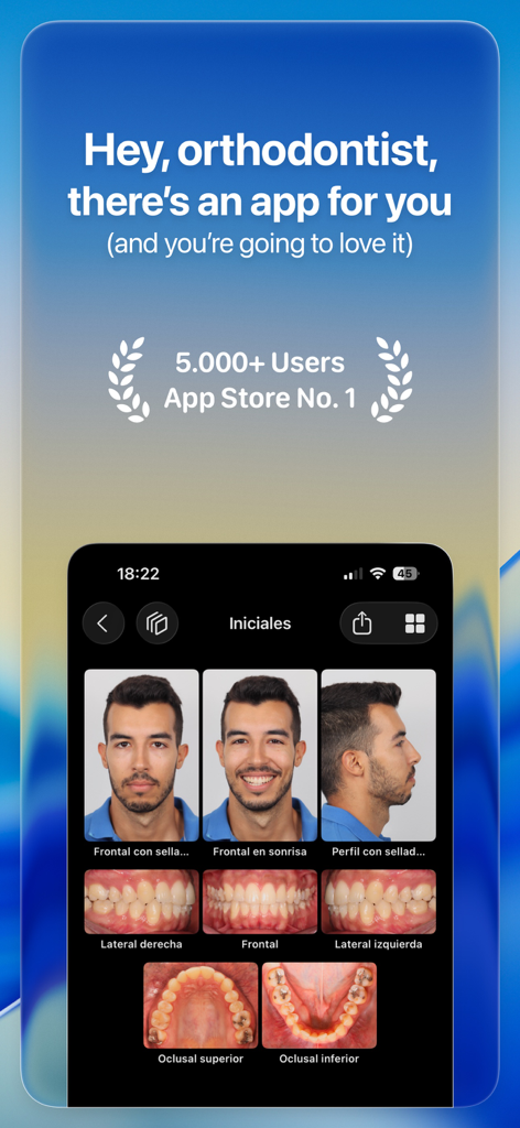 OrthoKit app interface displaying patient clinical photos and dental records for orthodontists.