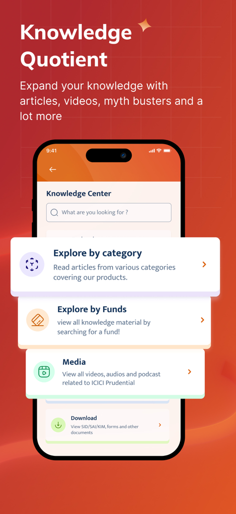 i-Invest iPru - The Knowledge Center screen of the i-Invest iPru app showing educational categories for mutual fund investments