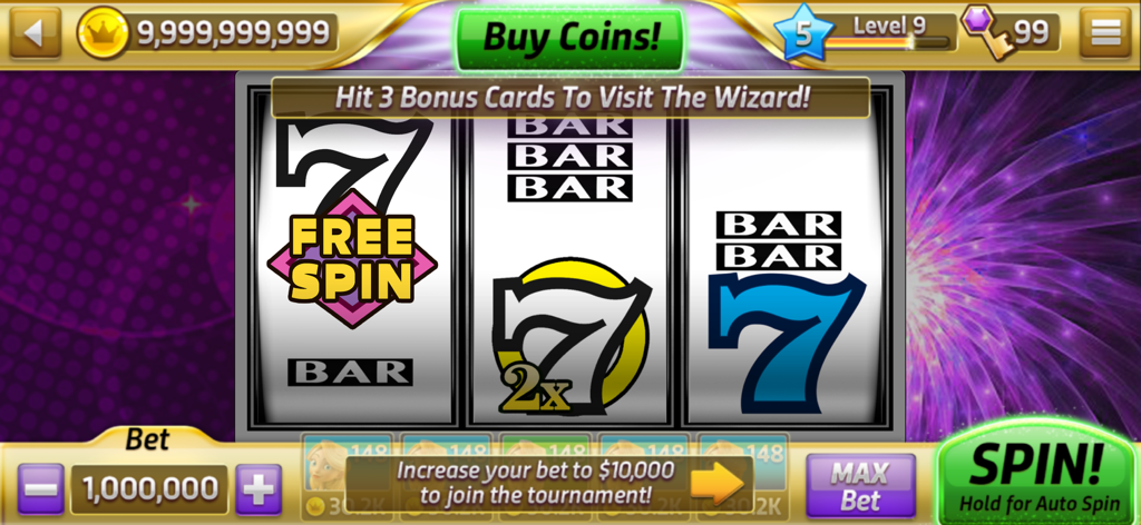 Classic Slots Casino - Interfaz móvil de una máquina tragamonedas clásica de tres rodillos con símbolos de lucky seven y BAR.