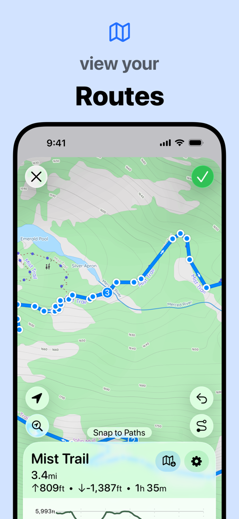 iPhone screenshot of Pedometer app showing a hiking route on a topographic map with distance and elevation data