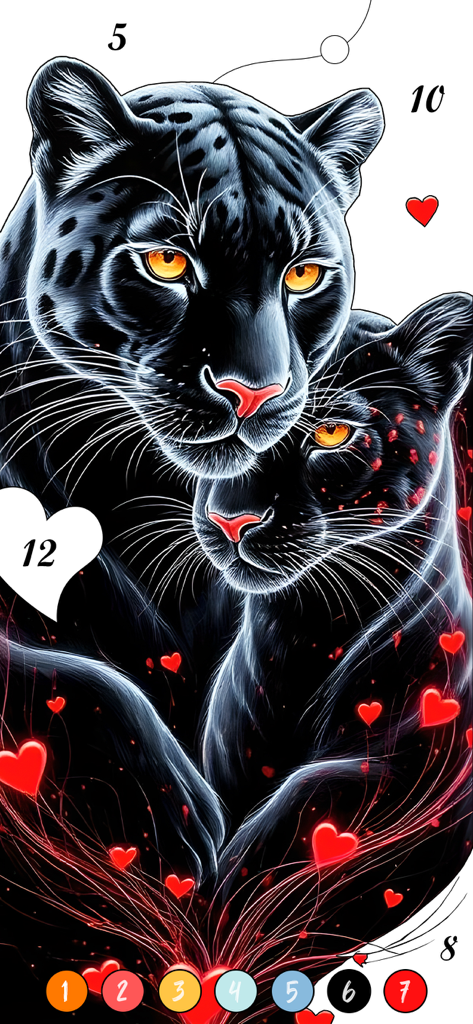 Mini World: Color by Number - Zwei schwarze Panther mit leuchtend orangefarbenen Augen in einem digitalen Malen-nach-Zahlen-Spiel mit roten Herzen