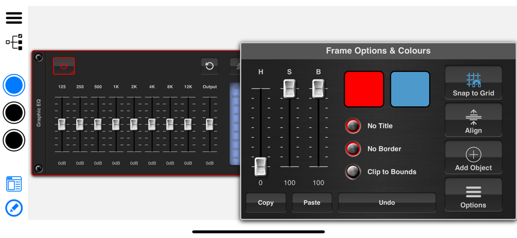 NuRack Auv3 FX Processor - NuRack interface builder showing color and frame options for a graphic EQ module