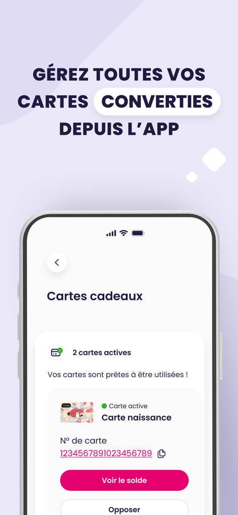 Smartphone screen showing the My illicado app gift card management interface
