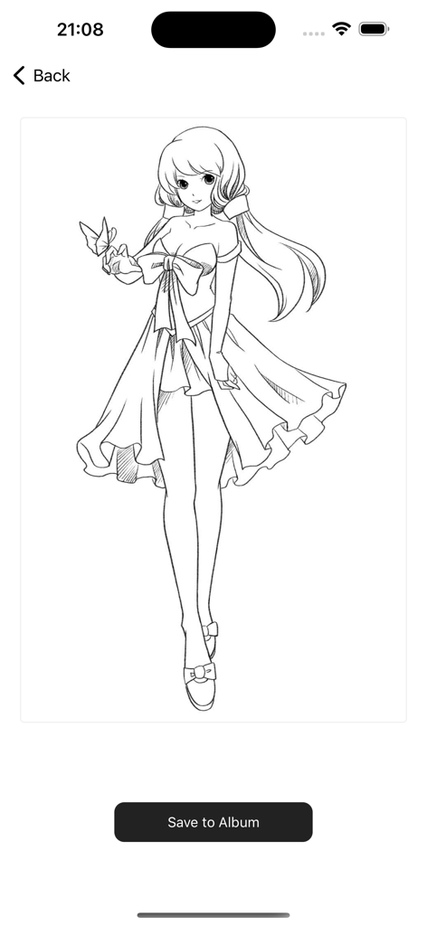 Anime girl line art sketch with a butterfly shown in a mobile app