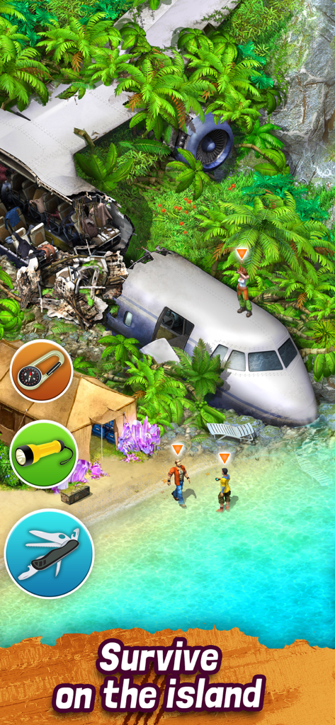 Survivors: the Quest - Personaggi che indagano su un incidente aereo su un'isola tropicale con icone di strumenti di sopravvivenza