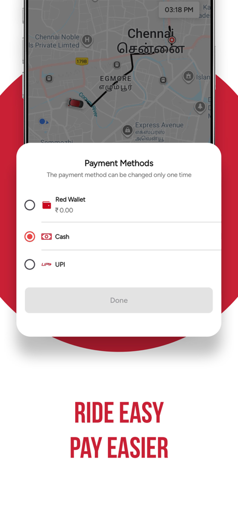 Red Taxi app interface showing flexible payment options including Red Wallet, Cash, and UPI over a map of Chennai.