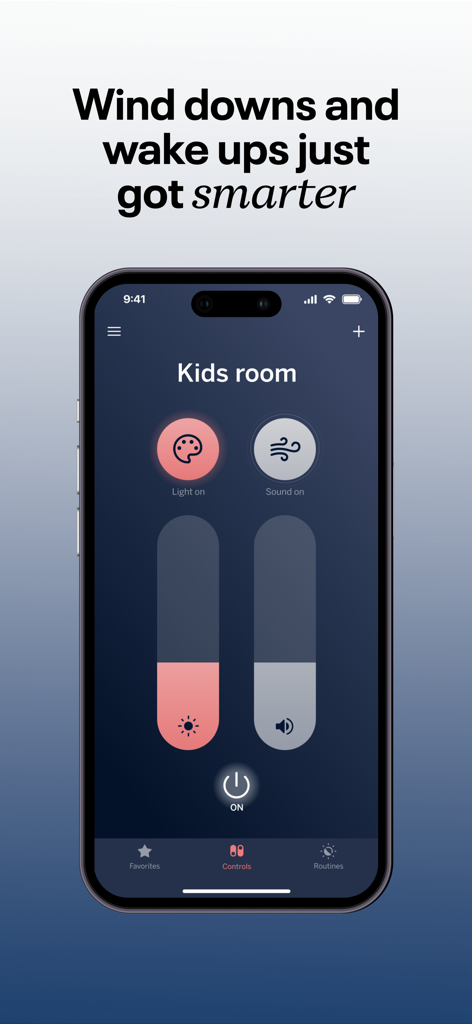 Interfaz de la aplicación Nanit que muestra controles de luz y sonido para una guardería inteligente.