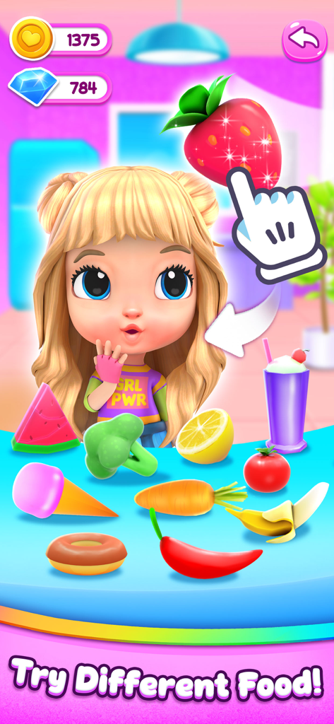 A character named Sara being fed a variety of fruits and snacks in the Cutie Care mobile app.
