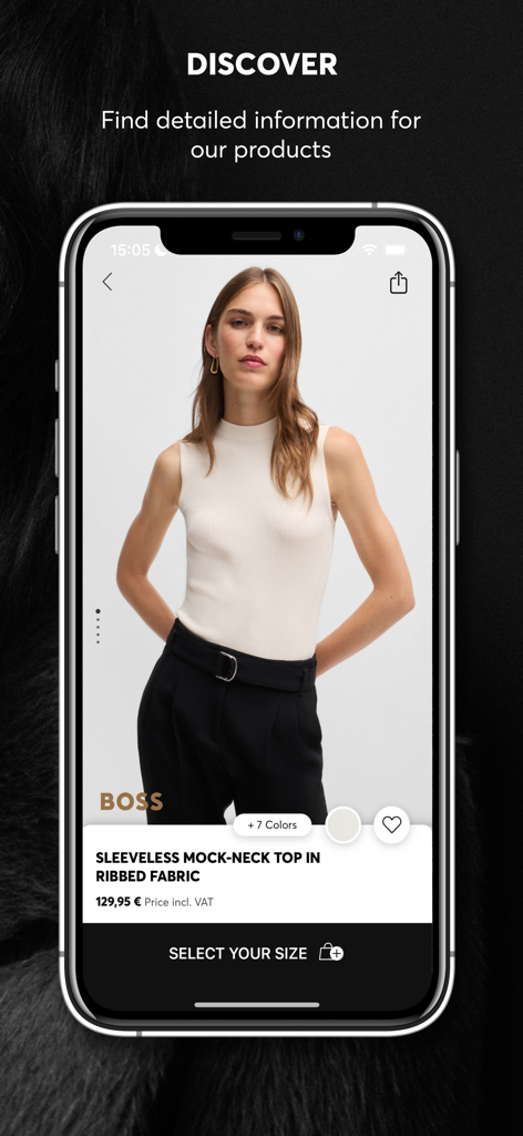 HUGO BOSS - Premium Fashion - Uno schermo di smartphone che mostra l'app HUGO BOSS con un top a collo alto senza maniche da donna e dettagli del prodotto.