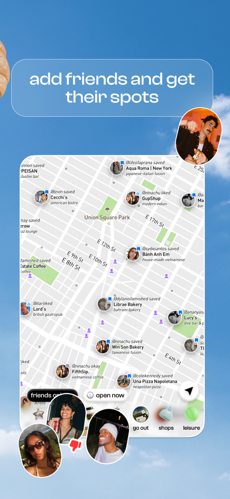 corner: curate & share places - Interfaccia della mappa dell'app Corner che mostra i luoghi salvati dagli amici e i consigli a New York City
