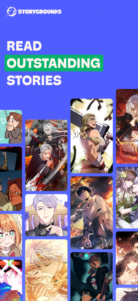 Storygrounds: Webtoons, Comics - Eine Sammlung bunter Webtoon- und Comiccover, die auf der Benutzeroberfläche der Storygrounds-App angezeigt werden.