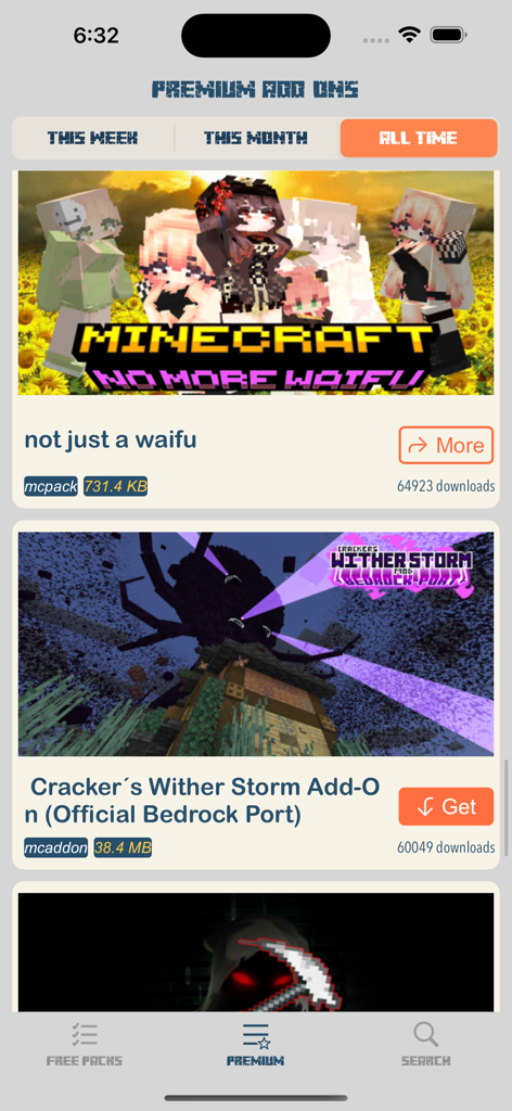 MODS FOR MINECRAFT MCPE ADDONS - Oberfläche einer Minecraft-Mod-App, die Premium-Add-ons für Charaktere und Bosskämpfe anzeigt.