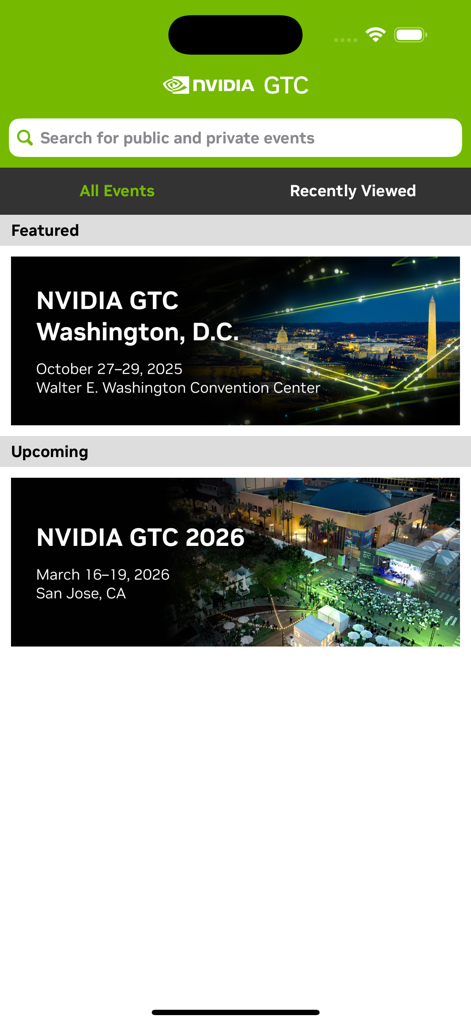 NVIDIA GTCアプリのホーム画面。注目の技術カンファレンスイベントと今後のイベントのリストを表示。