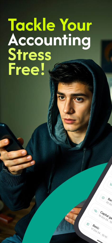 Accounting Bookkeeping Ledger - A young entrepreneur using the Accounting Bookkeeping Ledger app to manage business finances on his phone