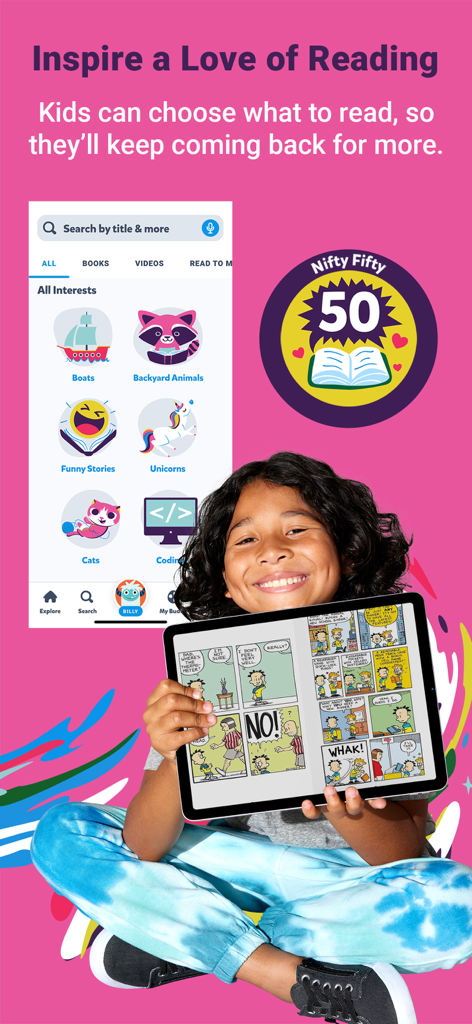 Epic - Kids' Books & Reading - Un enfant souriant tenant une tablette affichant une bande dessinée de l'application Epic
