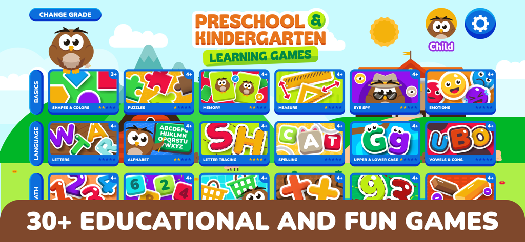 Preschool & Kindergarten Games - Pantalla del menú principal que muestra una variedad de juegos educativos para niños de preescolar y jardín de infancia categorizados por lenguaje básico y matemáticas