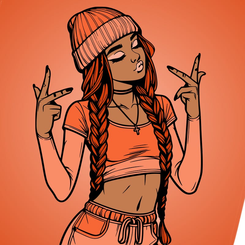 realistic teenage girl with braids and a beanie and crop top doing 🫶🏼