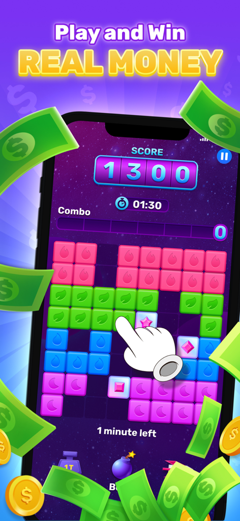Win Real Money: PlayOff Games - A mobile block puzzle game screen from PlayOff Games featuring a score of 1300 and floating cash icons for real money rewards