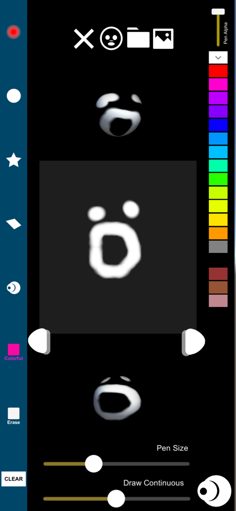 A creative interface in the BOCLAA app for drawing visual elements with color palettes and pen size sliders