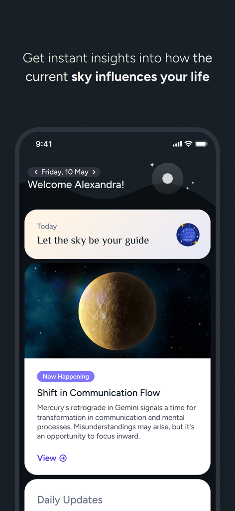 Interface do aplicativo de astrologia Stellium mostrando insights cósmicos diários personalizados e atualizações de trânsitos planetários.