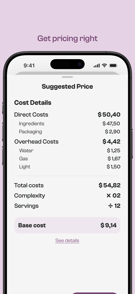 Bizou: tips for your business - A mobile interface from Bizou app showing a production cost breakdown and suggested base price for handmade products
