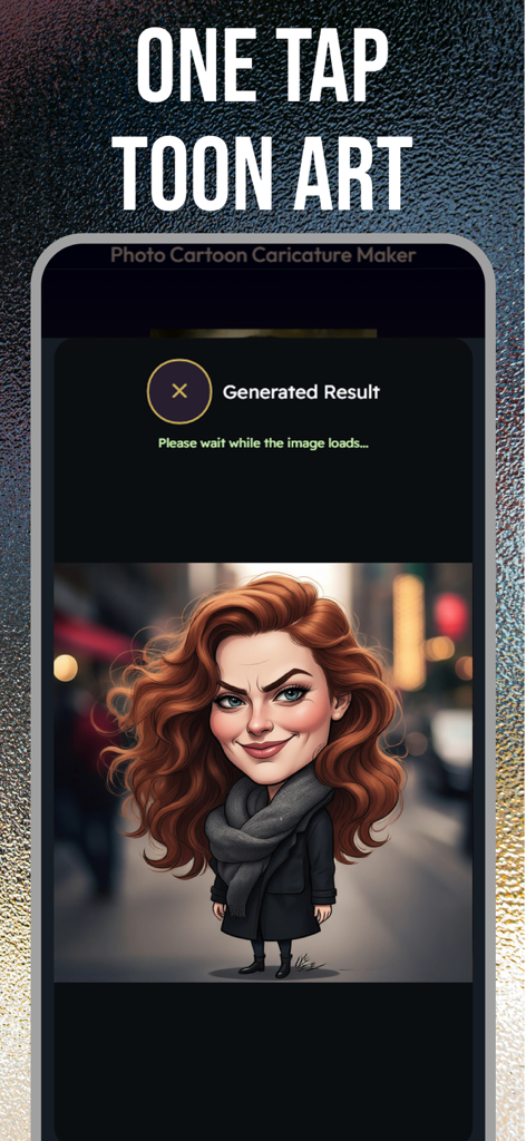 Caricature Maker - Toon Me Art - AI-generated caricature of a woman with red hair in the Caricature Maker app interface.
