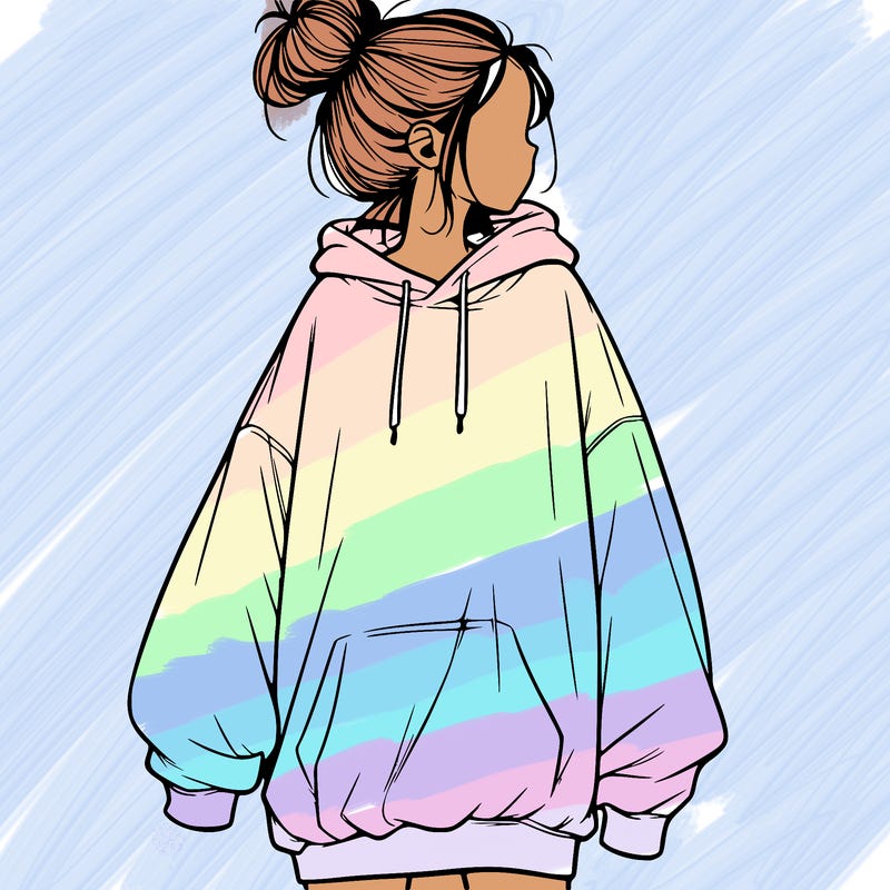 realistic girl with a oversized sweatshirt on and a bun