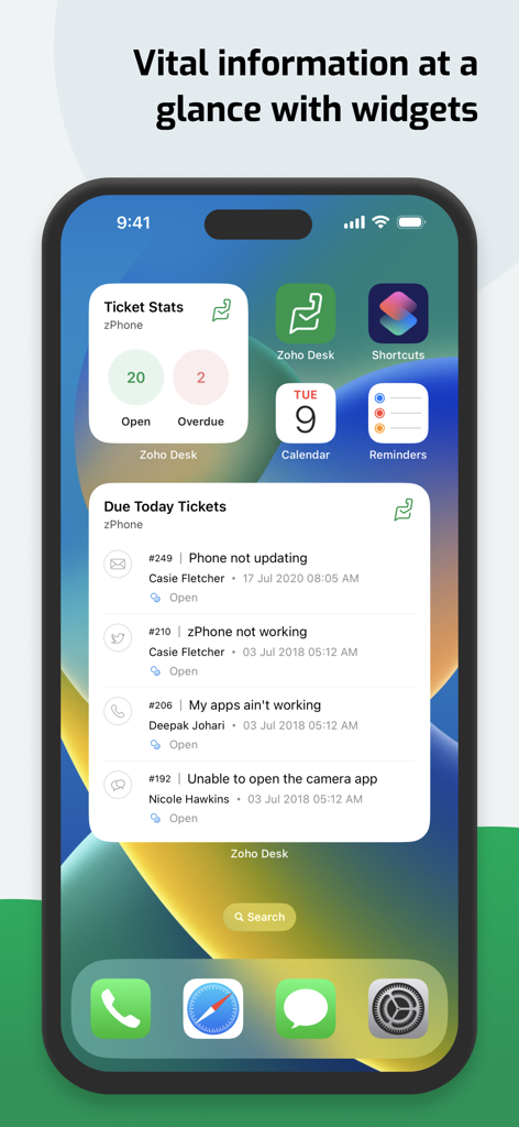 Zoho Desk - Widgets de pantalla de inicio de iOS de Zoho Desk que muestran estadísticas de tickets y una lista de tickets con vencimiento hoy.