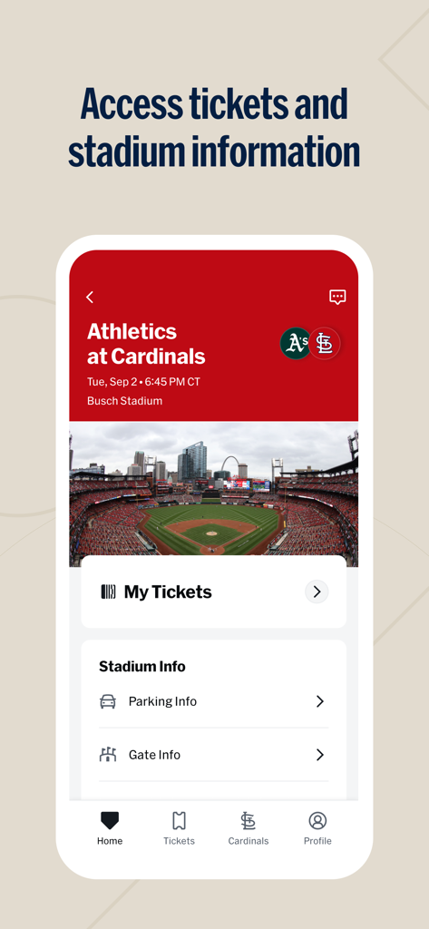 MLB Ballpark app interface showing game tickets and stadium parking information for Busch Stadium