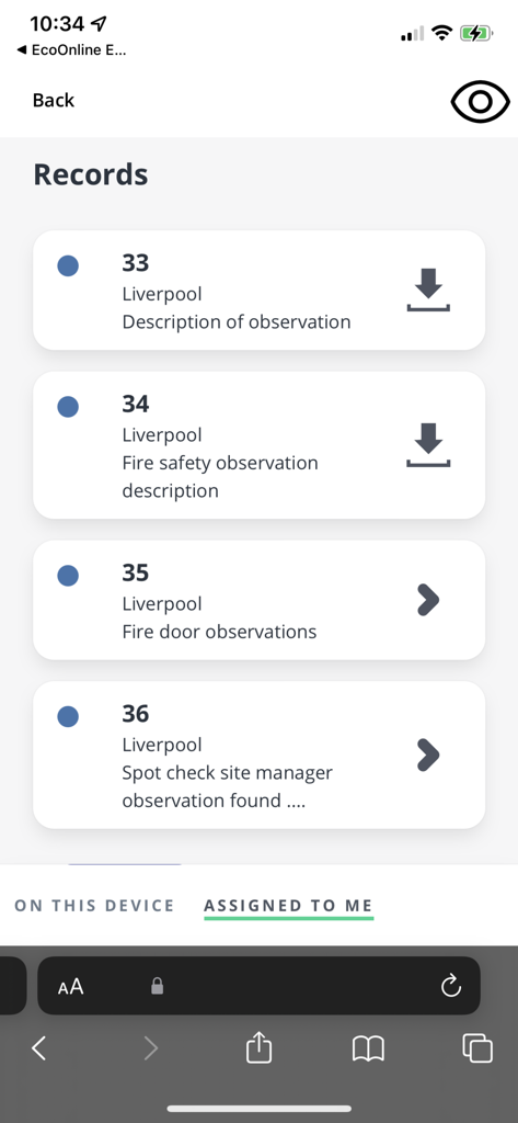 List of assigned safety observation records within the EcoOnline EHS mobile app interface
