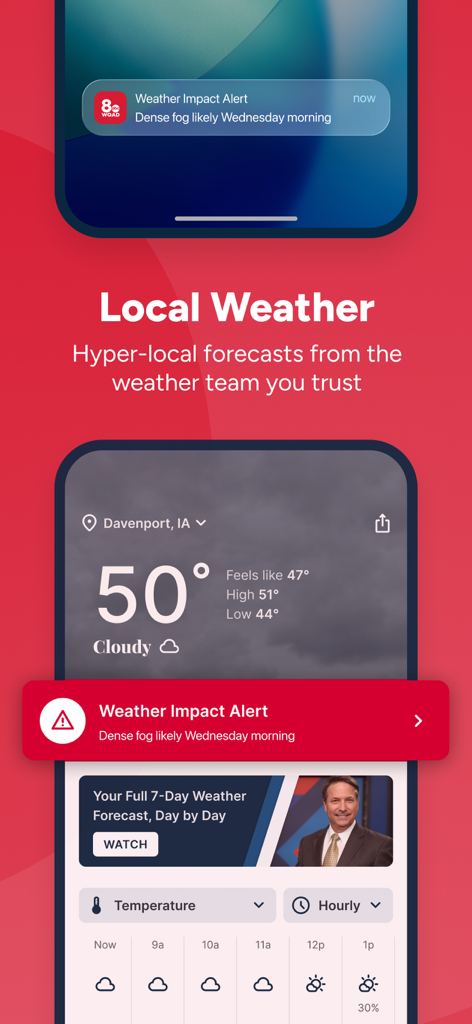WQAD News 8 app interface showing local weather forecasts and severe weather impact alerts for the Quad Cities area.