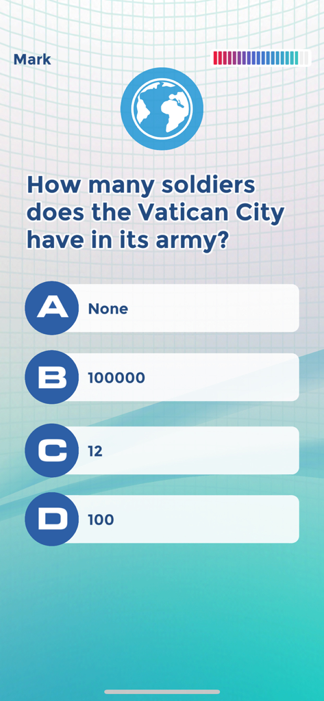 Trivia: Knowledge Trainer Pro - A multiple choice trivia question about the Vatican City army on a clean professional interface