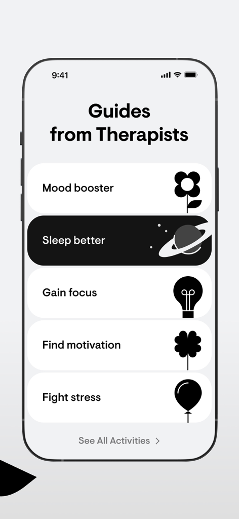 Interface minimaliste de l'application stoic. montrant des guides animés par des thérapeutes pour l'humeur, le sommeil, la concentration, la motivation et la gestion du stress.