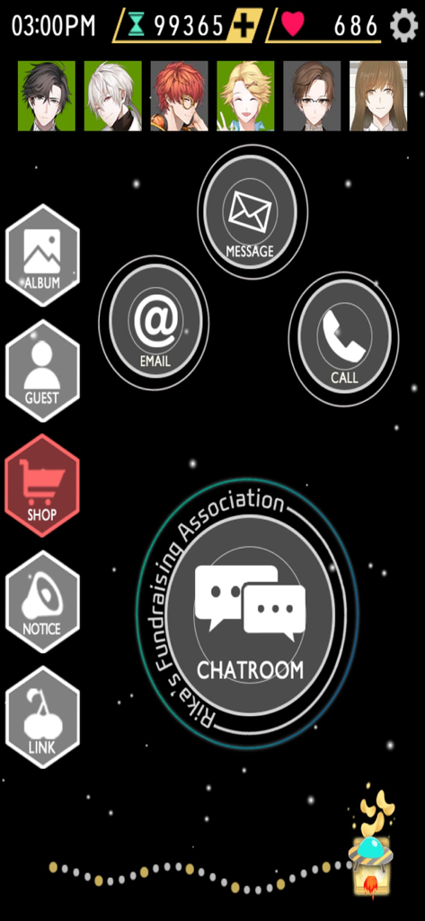 Main menu of the Mystic Messenger mobile app showing character portraits and interactive buttons for messages, calls, and chatrooms