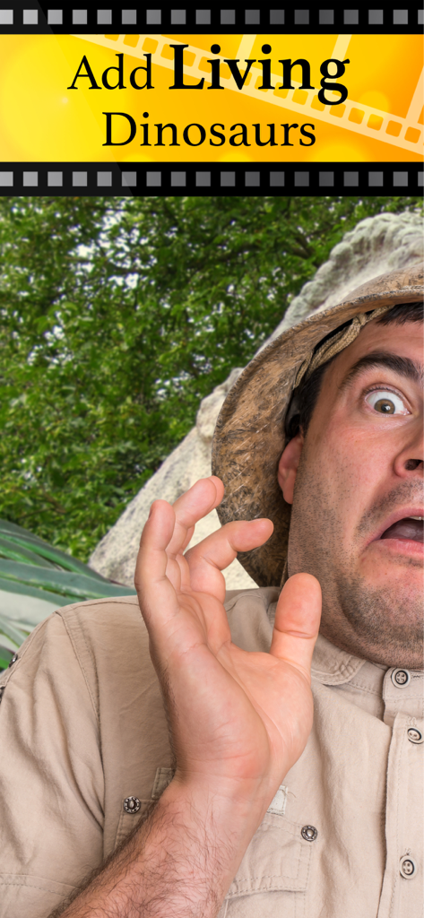 Jurassic AR Camera 3D Glasses - サファリハットをかぶった驚いた男性と、ARカメラアプリの画面に「生きている恐竜を追加」というテキストが表示されている