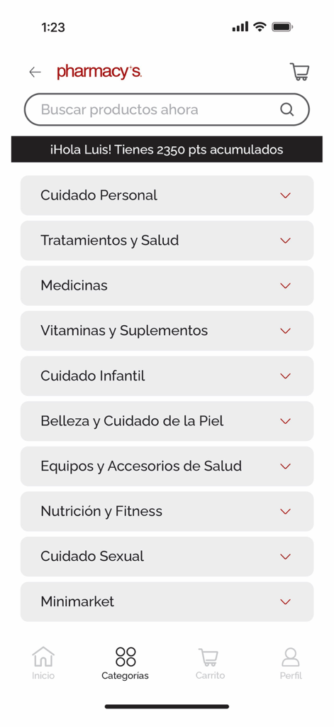 Mobile interface of the Pharmacys app showing product categories such as medicines, vitamins, and personal care