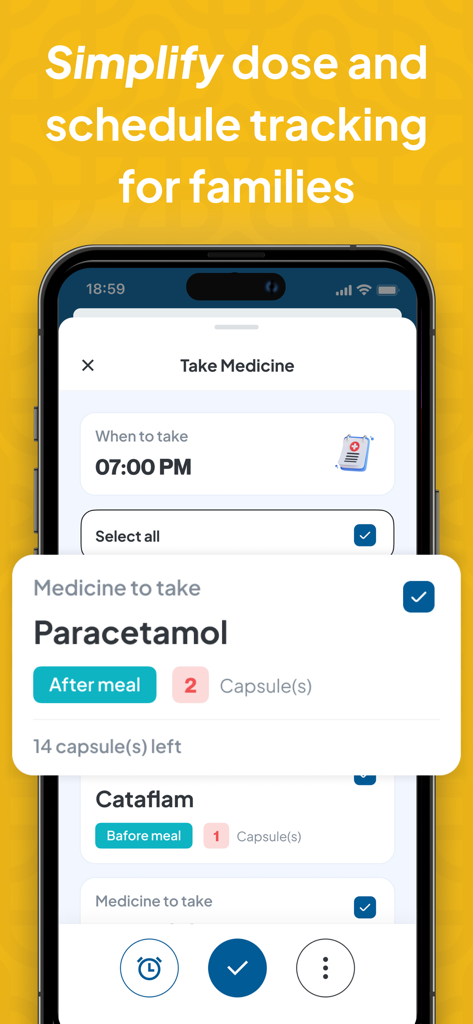 CareAide Manage Meds & Health - A mobile interface of the CareAide app showing a scheduled 7 PM medication reminder for Paracetamol and Cataflam with dosage instructions.