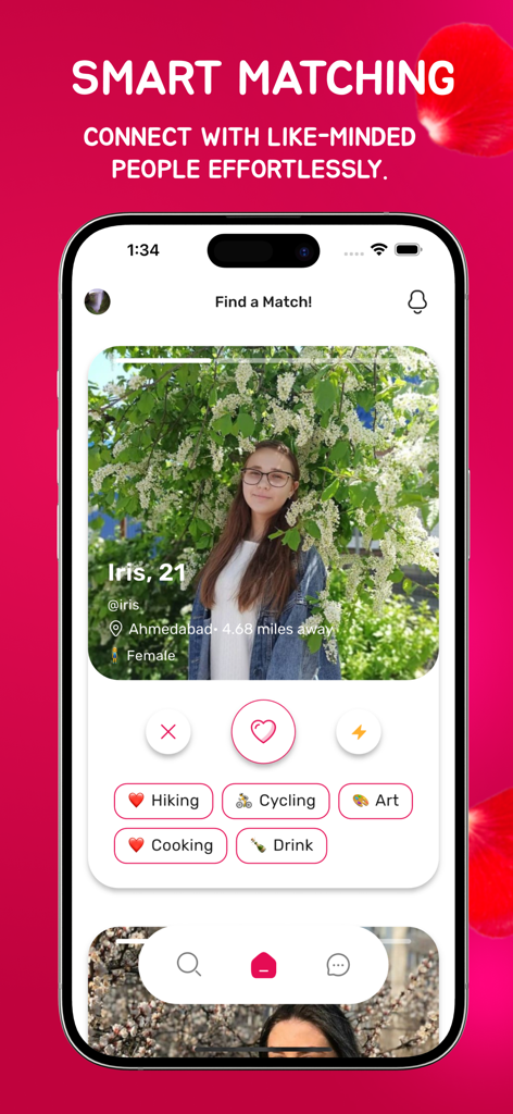 Krushley: AI Dating - Krushley AI Dating app smart matching screen showing a user profile with interest tags like hiking and cycling