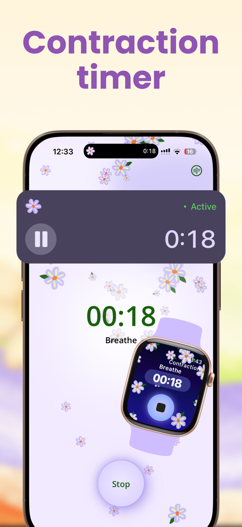 Contraction timer app interface on iPhone and Apple Watch showing a running timer and breathing prompt