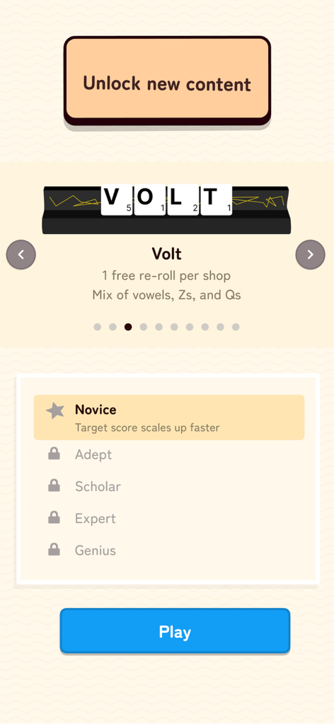 Wordlike - Word Roguelike - Wordlike mobile game deck and difficulty selection screen
