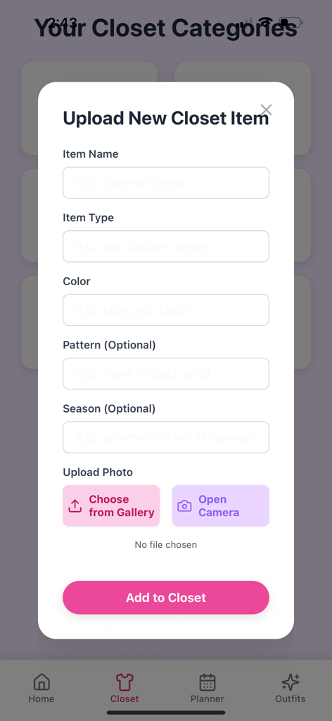 GG Glow Up - Interface for uploading a new clothing item to the digital closet in the GG Glow Up app